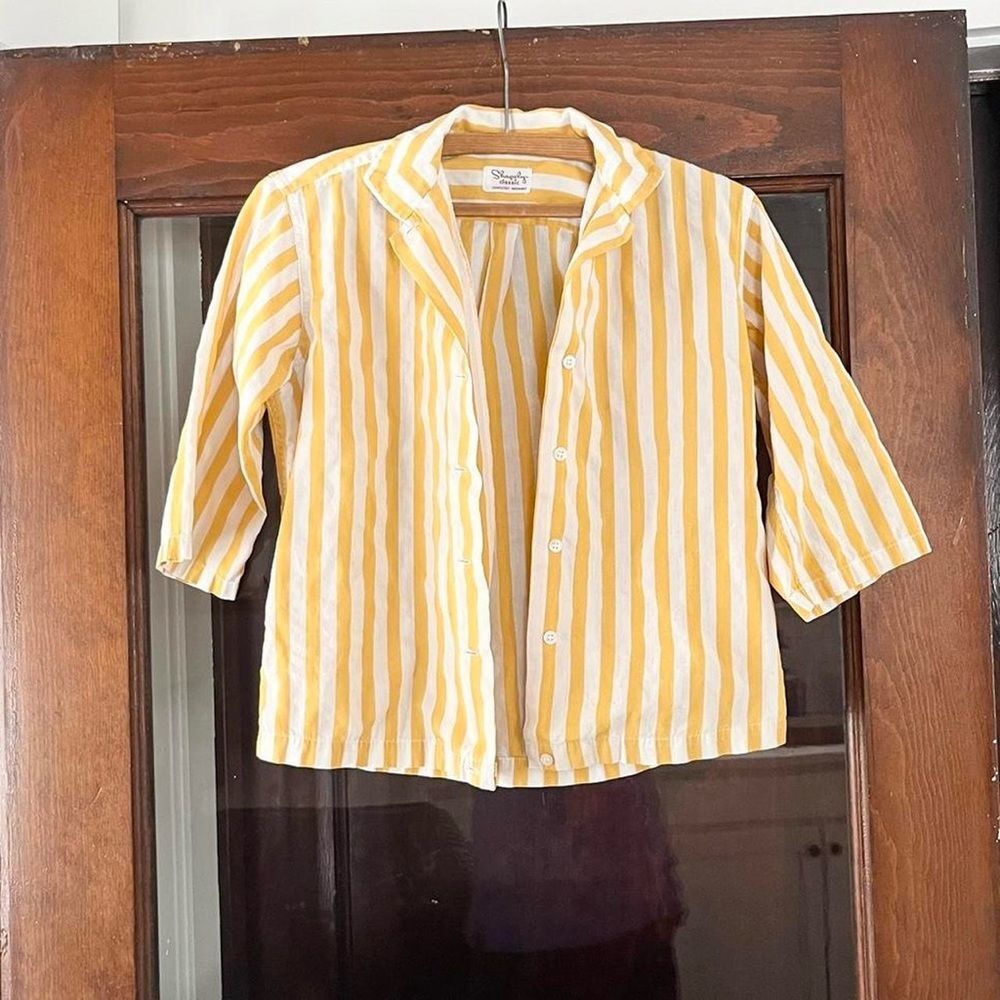 Vintage 60s Cute Retro Minimal Striped Yellow White Top XS Small Womens - Picture 6 of 6